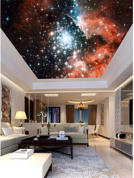 3D wallpaper murals for living room ceilings featuring starry skies with clouds