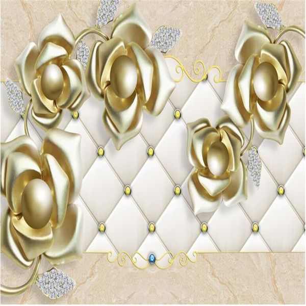 3D wallpaper with a golden pearl flower jewelry design for custom large murals