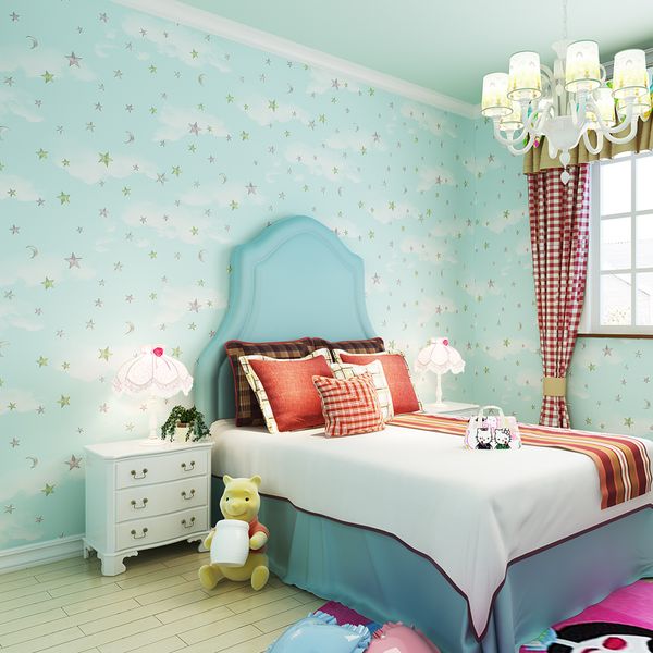 3D warm non-woven wallpaper for kids' rooms featuring star patterns in pink and blue, ideal for bedroom walls or TV backgrounds