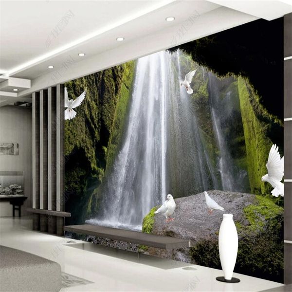 3D waterfall and pigeon scenic wall mural wallpaper