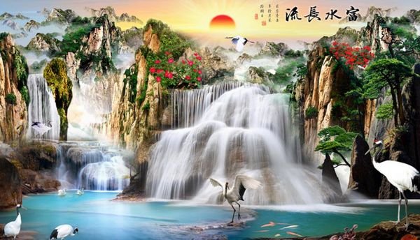 3D waterfall mural wallpaper for living room TV wall behind sofa