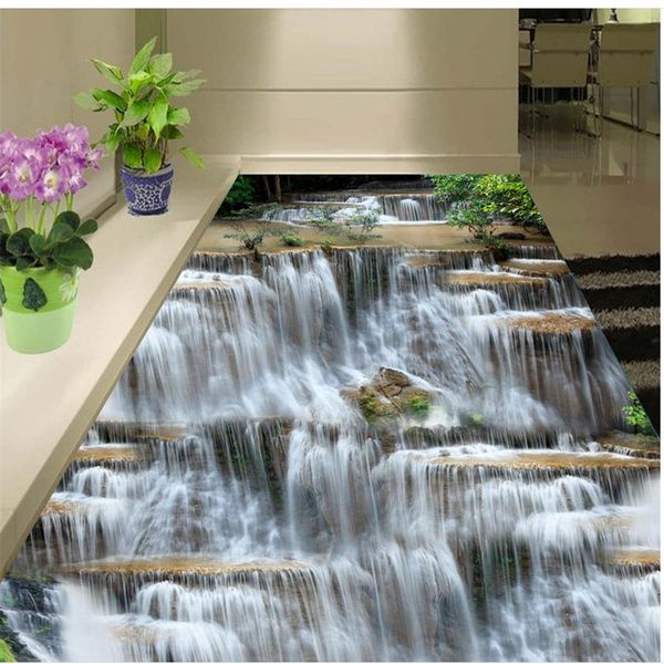 3D waterproof bathroom wallpaper featuring a stone waterfall design for floors