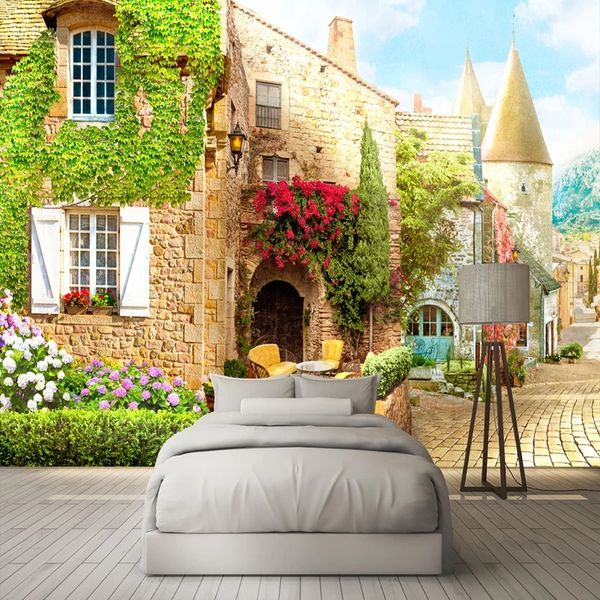 3D waterproof wallpaper featuring European street scenes for cafe and restaurant wall decor