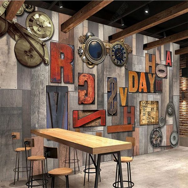 3D wooden alphabet wall mural for vintage-style living room decor