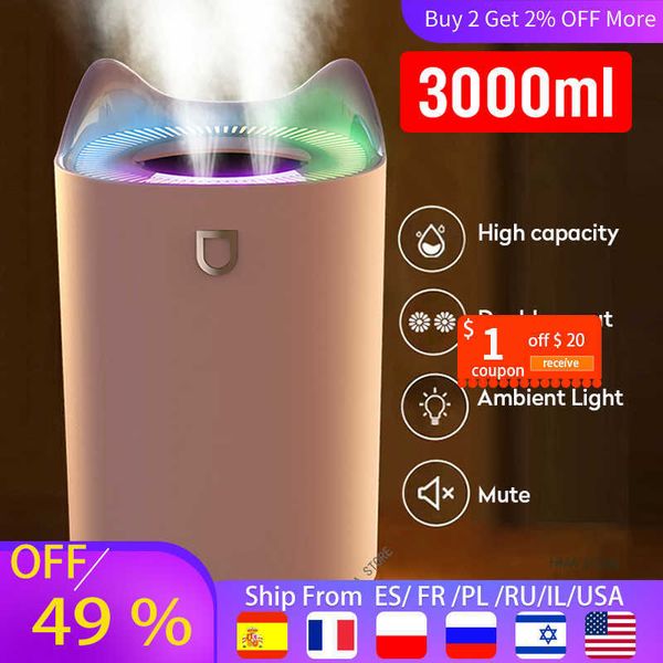 3L USB humidifier with dual nozzles, colorful LED lights, and ultrasonic aromatherapy function
