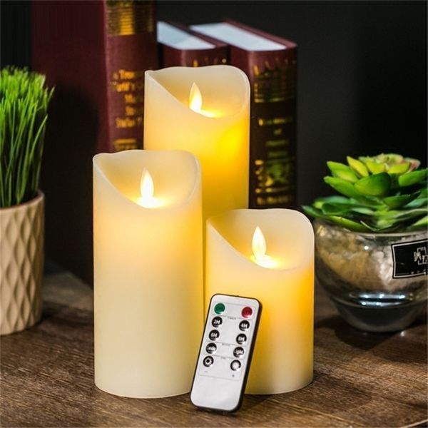 3-piece flickering LED candle set with remote, flameless pillar design featuring moving wick for weddings and parties