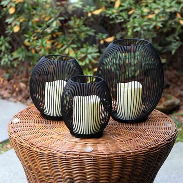 3-piece iron candlestick holder with LED lights, black metal birdcage lantern for romantic home decor
