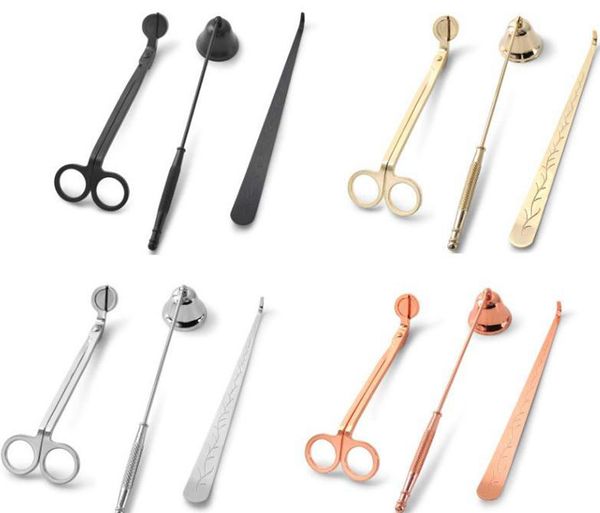 3-piece stainless steel candle snuffer set with wick trimmer in assorted colors for extinguishing flames and bell-shaped candle covers