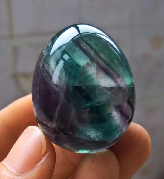 45mm polished green-purple fluorite quartz crystal egg for healing, shaped like an egg, item 201125