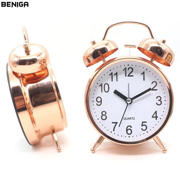 4-inch rose gold alarm clock with night light, battery-powered for home or office use, featuring silent operation