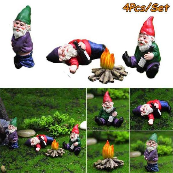 4-piece Fairy Garden Miniature Set: Drunk Gnome Statues for Planter Decor
