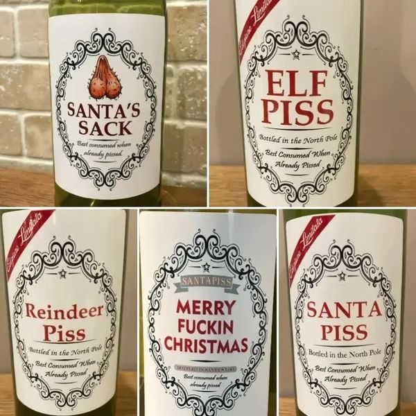 5 sheets of festive Christmas bottle stickers with humorous designs for personalized wine labels