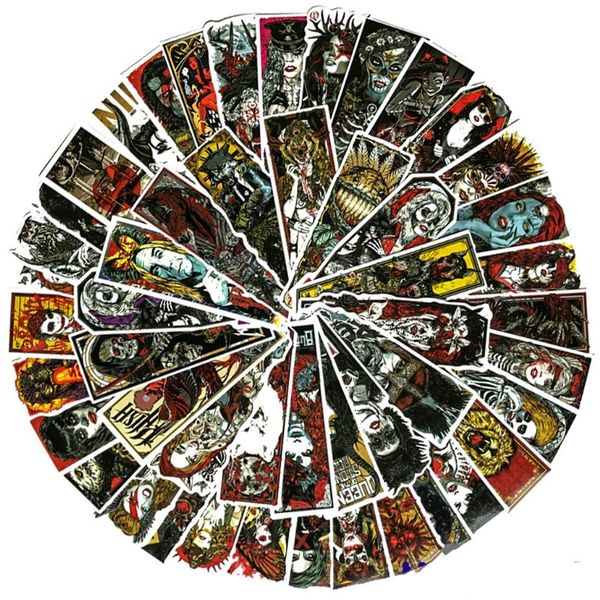 50 Gothic horror rock stickers featuring skeleton and dark designs, ideal for skateboards, laptops, guitars, luggage, motorcycles, and cars as waterproof decals