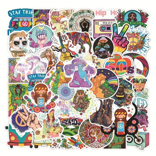 50 retro hippie peace love stickers for laptops, guitars, surfboards, skateboards, luggage, bikes, and scrapbooks