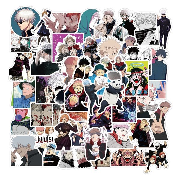 50-piece Jujutsu Kaisen anime sticker set featuring Gojo Satoru, waterproof decals perfect for skateboards, laptops, suitcases, guitars, and fridges