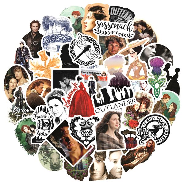 50-piece set of Outlander TV show decals for bikes, drinkware, furniture, kids' toys, bags, skateboards, and boxes