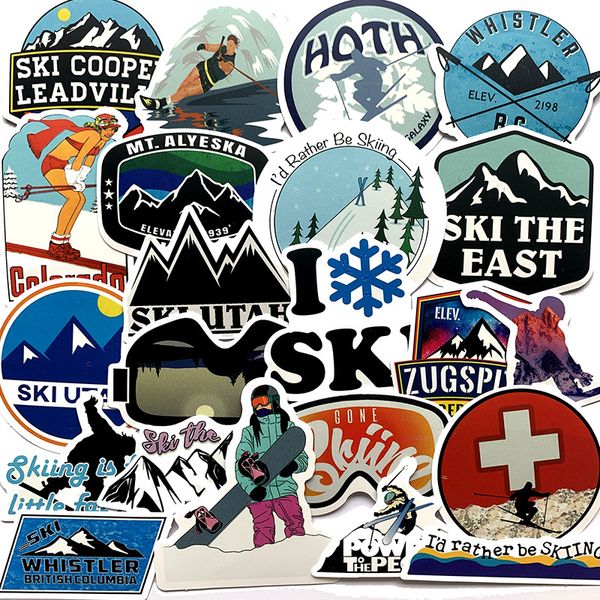 50-piece winter skiing sticker set for decorating luggage, laptops, skateboards, snowboards, and refrigerators
