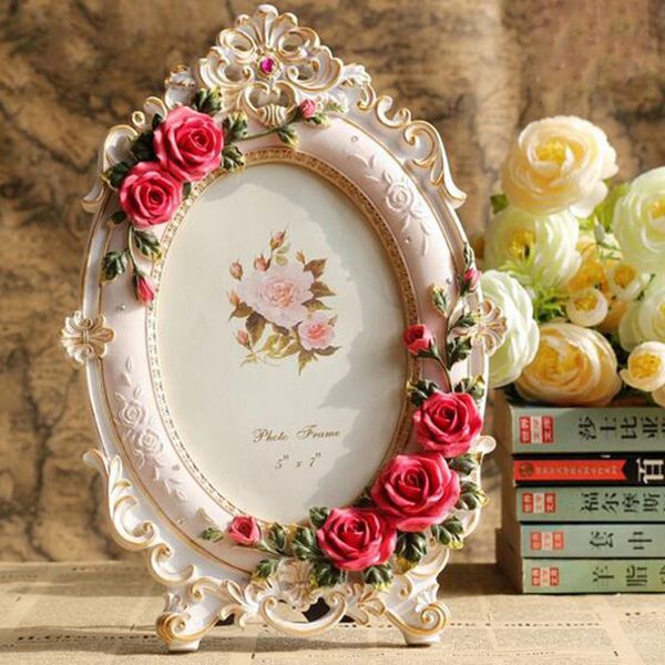 6 and 7 inch European-style resin picture frames with rose flower designs in oval and rectangle shapes for weddings and home decor