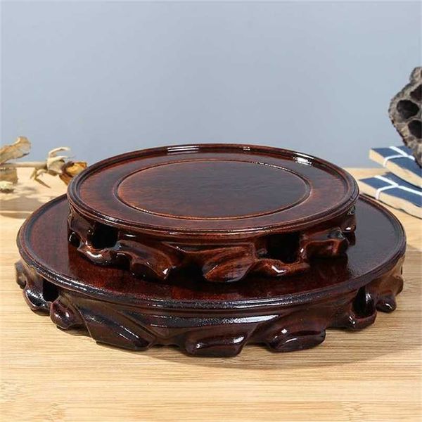 6-30cm diameter solid wood carved vase base with stone Buddha for incense or flowerpot