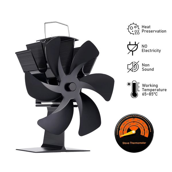 6-blade heat-powered stove fan for efficient wood fireplace heating in winter homes