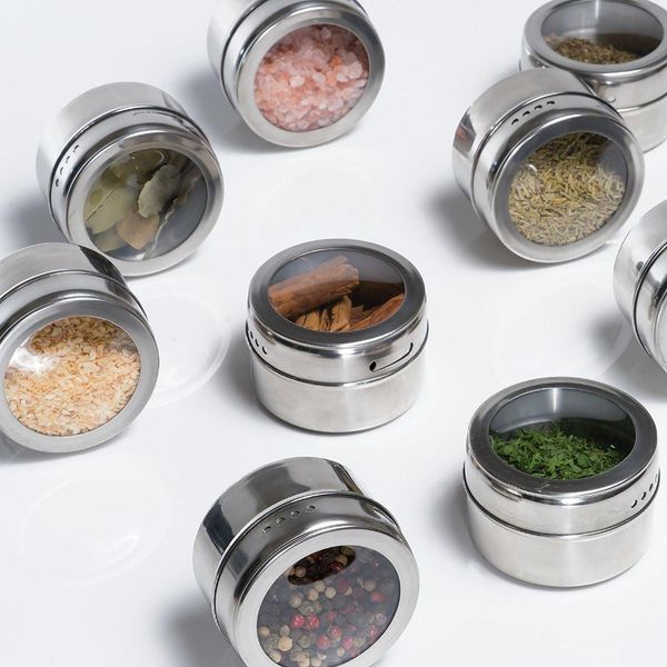 6-piece set of clear-lidded magnetic spice tins made from stainless steel for kitchen condiment storage