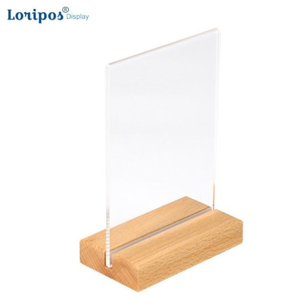 A5 A4 A6 Solid Wood Base Double-Sided Acrylic Sign Holder for Countertop POS Displays, Retail Frames, and Menu Stands