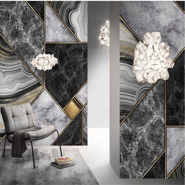 Abstract geometric black and white marble wallpaper with golden lines for TV background walls