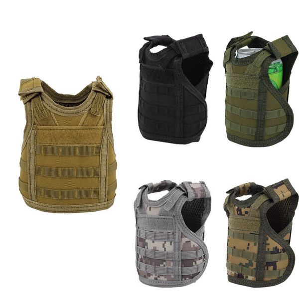 Adjustable tactical vest with Molle system for carrying a military-style beer bottle and drink set, featuring customizable shoulder straps