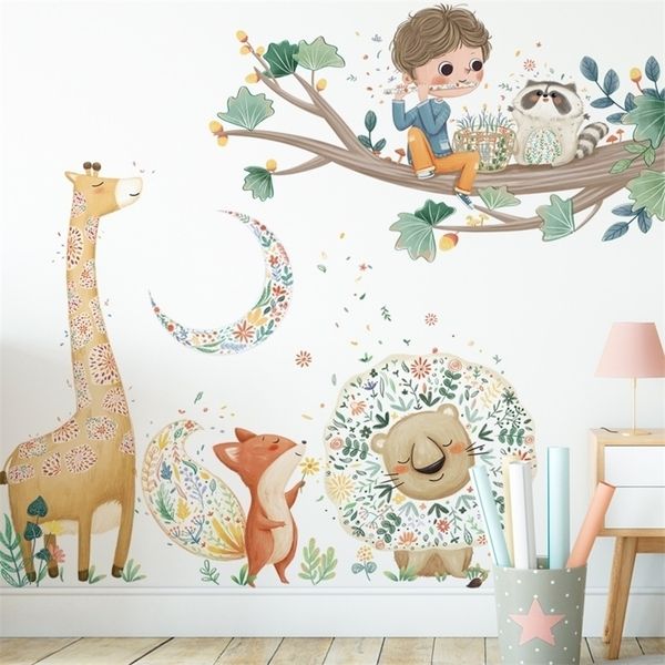 Adorable cartoon animal stickers featuring giraffes and lions, perfect for decorating kids' rooms or kindergarten walls with large tree designs