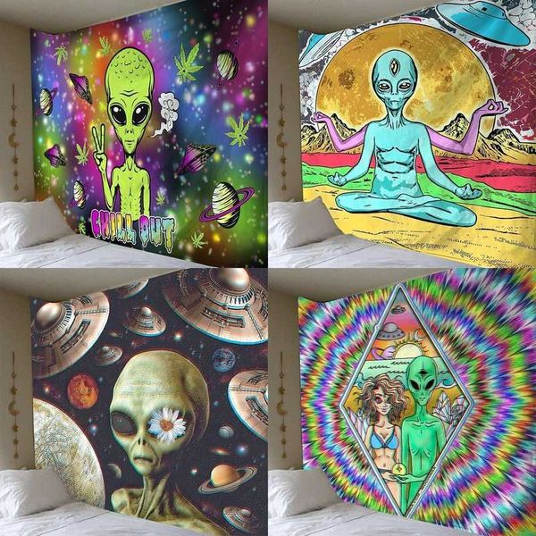 Alien-inspired tapestry for home decor, featuring psychedelic wall fabric and anime-patterned art carpet