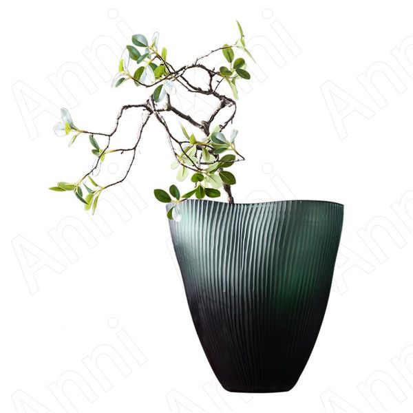 American green glass vase, large European classical floor vase for living room or office, tall Nordic-style floral decoration