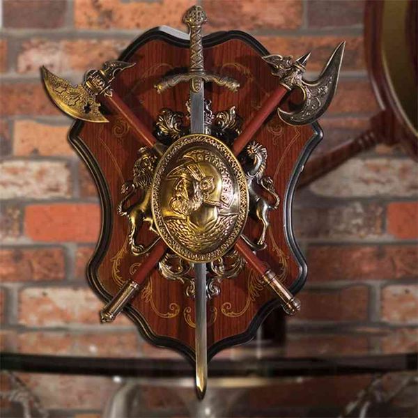 Ancient Roman Spartan shield and sword wall decor featuring antique armor, medieval axe, and lion ornament for KTV bar wall hangings