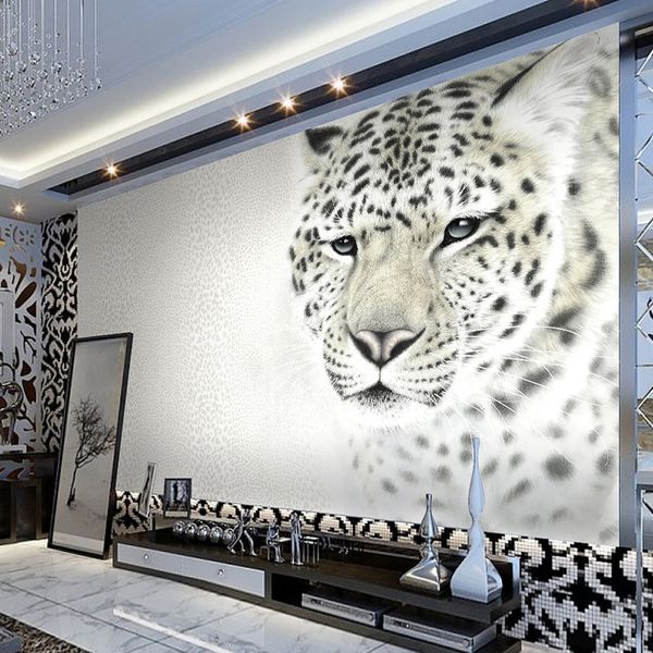 Animal White Leopard Wallpaper Photo Mural in Custom Sizes, Non-woven 3D Wallpaper for Living Room TV Sofa Background, Modern Minimalist Home Decor