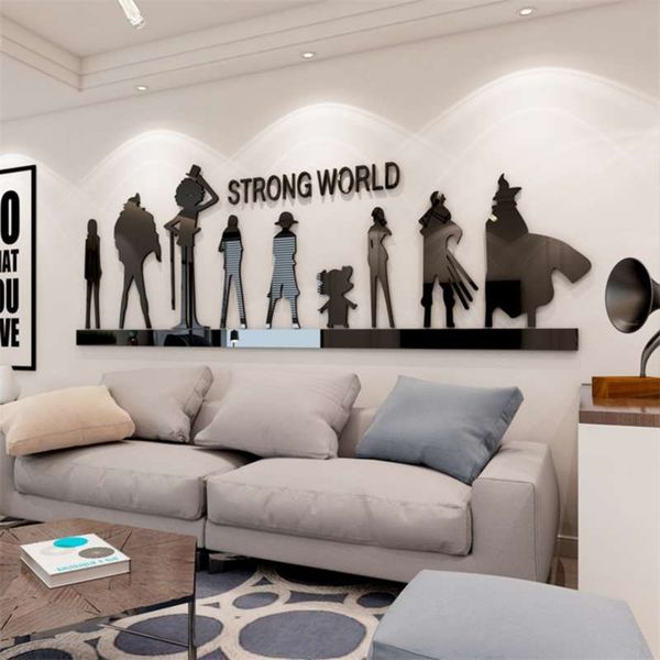 Anime One Piece themed creative wall decals for bedroom and living room, featuring acrylic mirror designs and cartoon wallpaper for kids' spaces