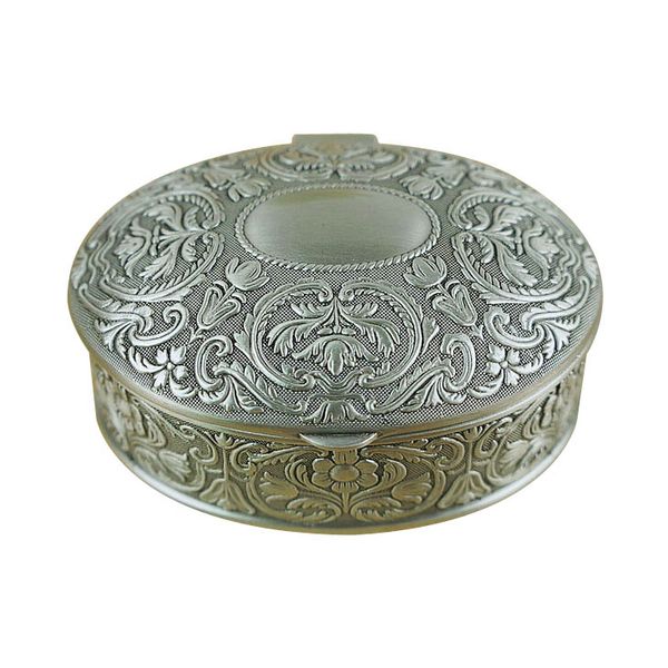 Antique silver oval jewelry box featuring engraved leaf designs, crafted from pewter alloy for storing trinkets, ideal as a wedding keepsake gift