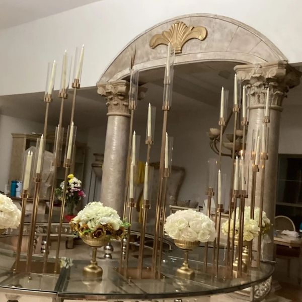 Antique tall gold metal floral hoop centerpiece for wedding table decor