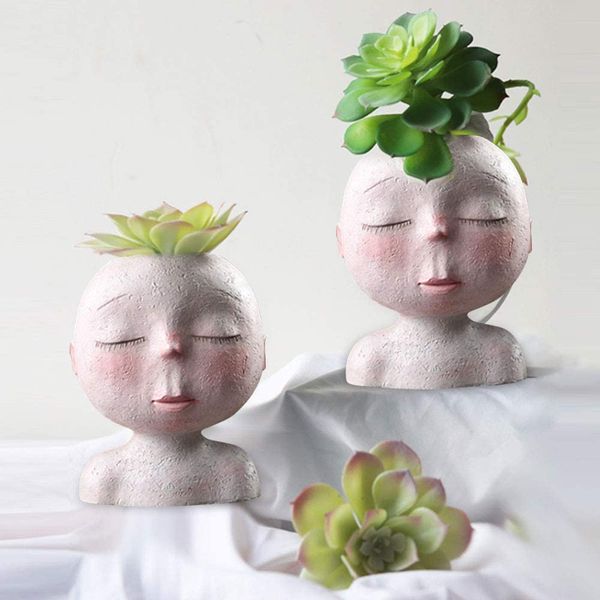 Artistic head-shaped resin flower vase for indoor and outdoor plants