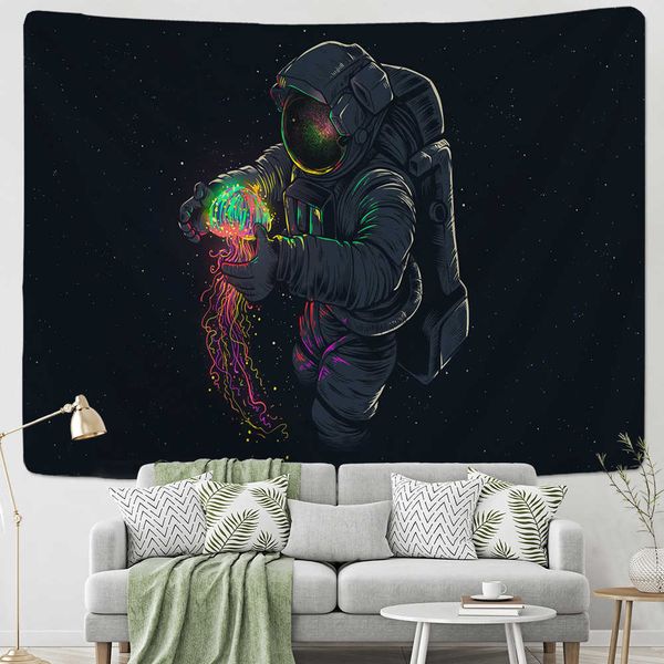 Astronaut-themed wall tapestry featuring a black background with jellyfish and interstellar sky design, perfect for hippie boho dorm decor