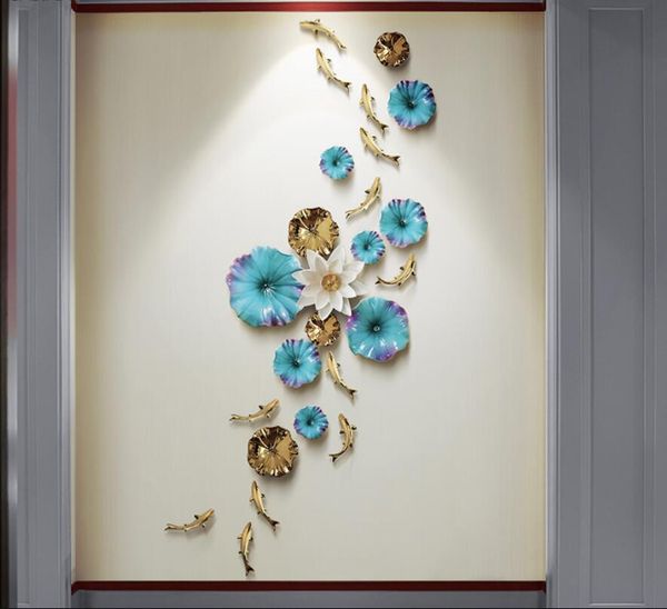 Background wall pendant for living room, creative decorative plates for porch, ceramic lotus leaf fish wall decor for hotels