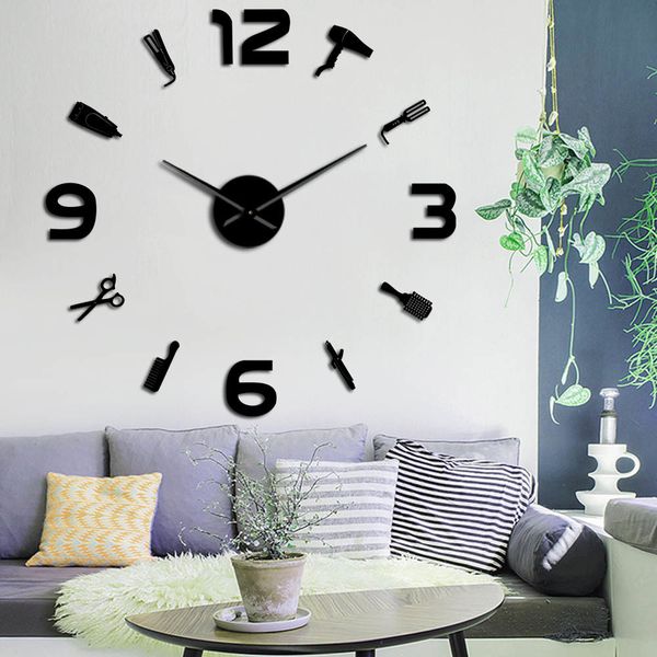 Barber Shop Giant DIY Wall Clock Mirror Surface Barber Toolkits Decorative Wall Watch Hairdresser Gift Beauty Salon Wall Art LJ200827