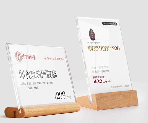 Base A6 Wooden Acrylic Frame Sign Stand for Displaying Countertop Food Price Tags and Name Cards