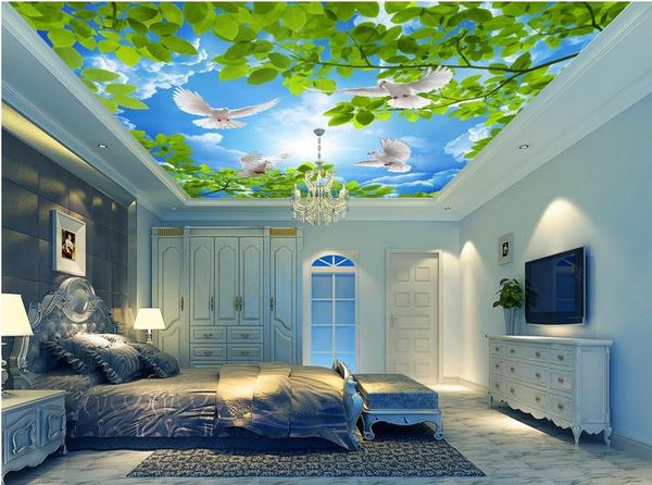 Beautiful 3D ceiling wallpaper featuring blue sky, white clouds, and green leaf decorative painting