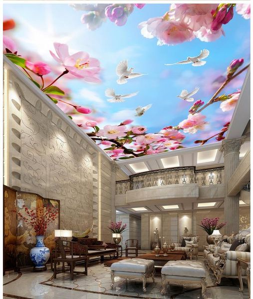 Beautiful 3D wallpaper mural of blue sky with white clouds and flowers for living room ceilings