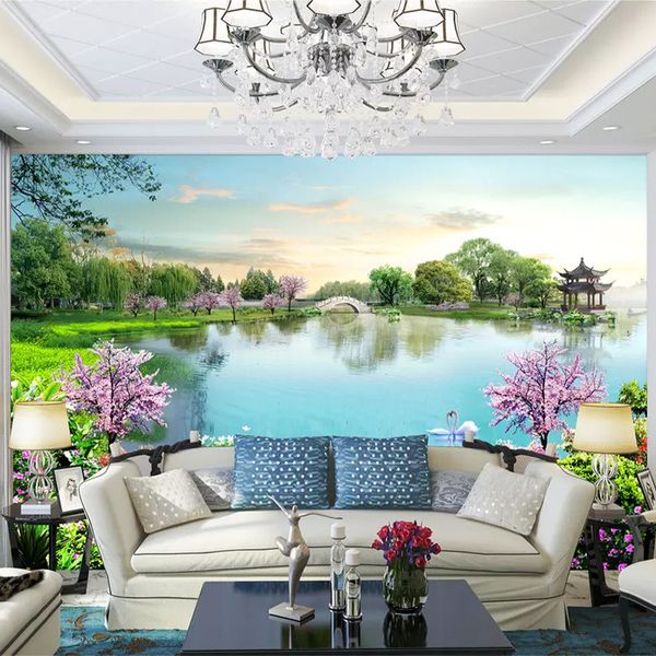 Beautiful lake water murals featuring 3D nature landscapes for wall decoration