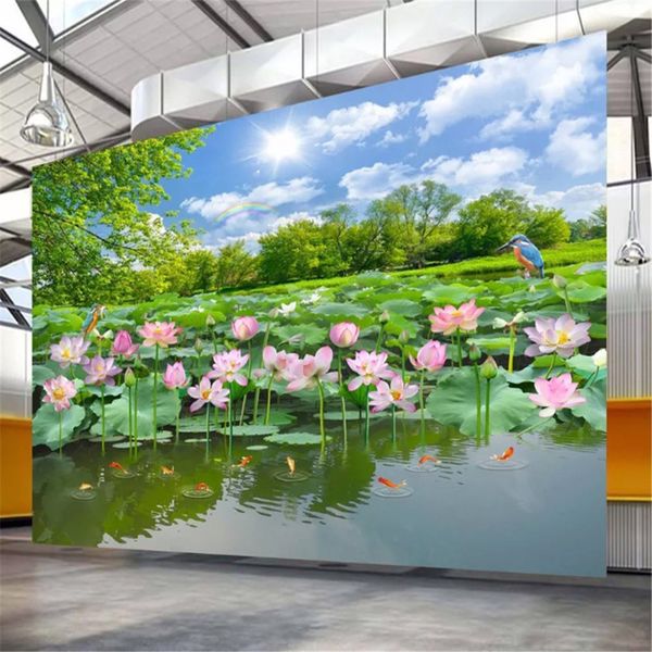 Beautiful park wall mural featuring a serene pond with lotus flowers for home decor