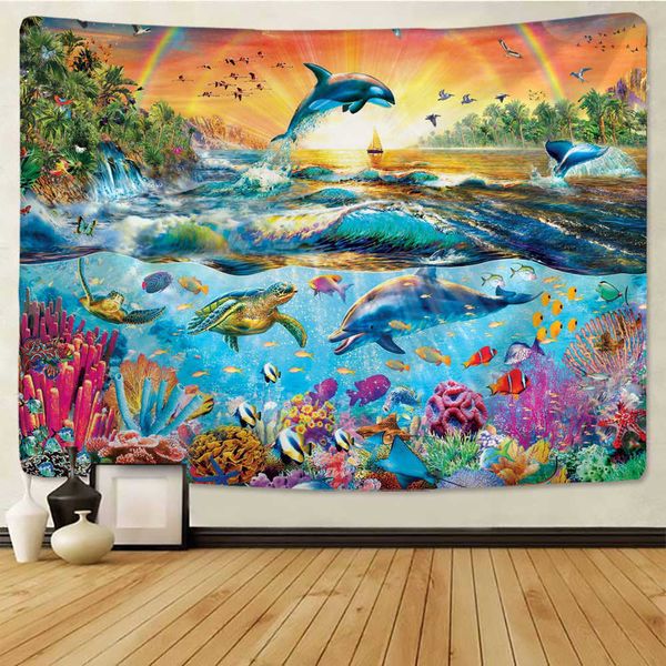 Beautiful Rainbow Big Turtle Dolphin Tapestry Wall Carpets Hanging Ocean Decorative Tapestry Boho Yoga Picnic Mat Beach Towel 210609

Vibrant rainbow turtle dolphin tapestry wall hanging, ocean-themed decorative carpet for boho yoga, picnics, and beach use