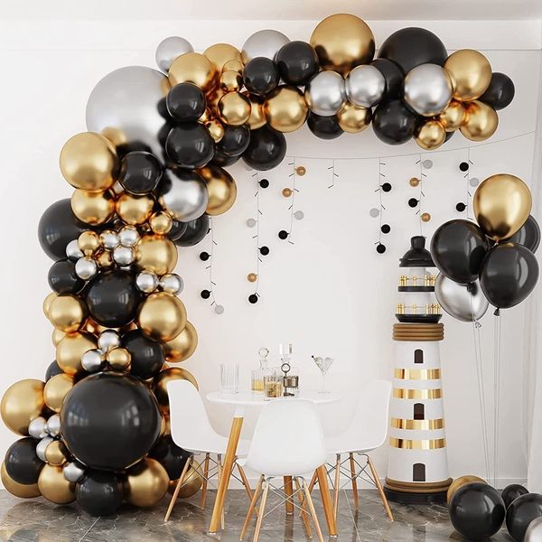 Black and gold balloon garland for birthday, graduation, and wedding decorations
