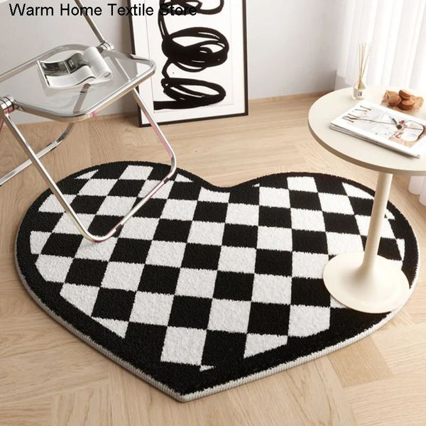 Black and white checkerboard plush rug with love heart design for cozy home decor