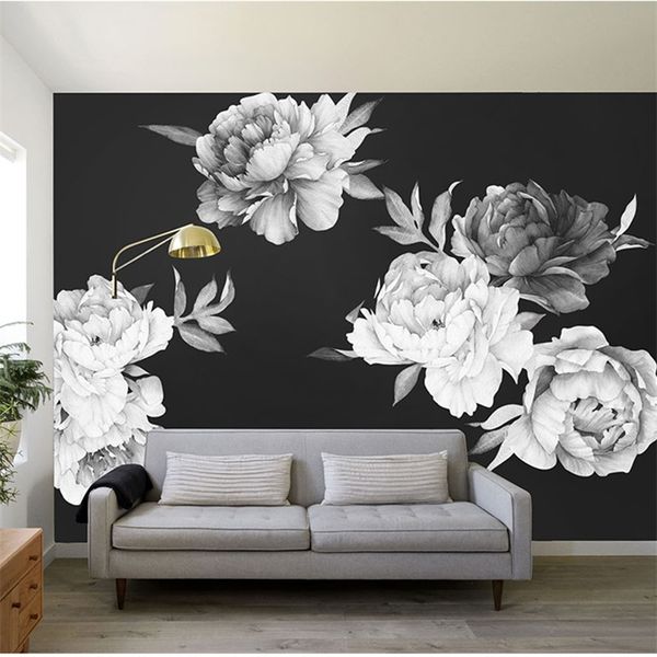 Black and white watercolor floral wall decal for home and kids' room decor