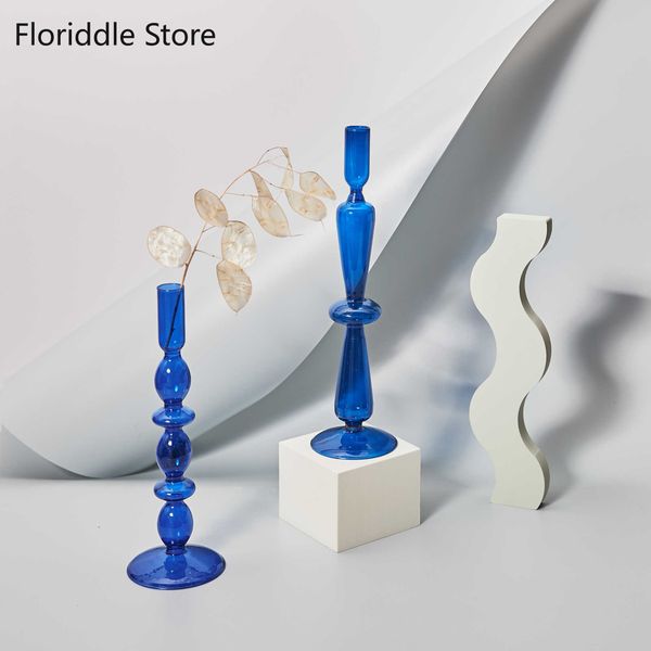 Blue glass candle holders for weddings, birthdays, holidays, and modern home decor